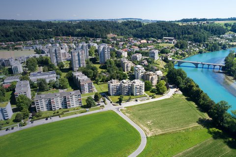Vue aérienne de la zone de Kappelenring, où Energie 360° a réalisé un réseau de chauffage