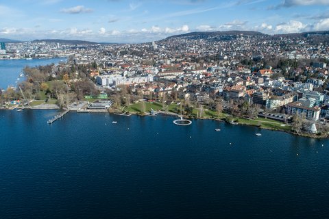 Luftbild mit Blick vom See auf das Ufer beim Zürichhorn