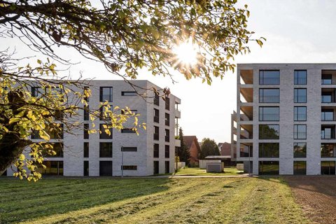 Die Überbauung Arrivo in Kloten mit der Sonne im Hintergrund. Im Vordergrund ein frisch beackertes Feld