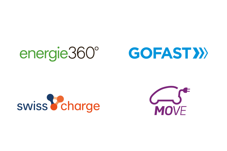 4 Logos von Energie 360°, Swisscharge, Gofast und Move