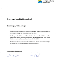 Bescheinigung Wärmeenergie Energieverbund Wädenswil für Fördergelder